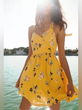 Urban Outfitters Yellow Floral Halter Mini Dress